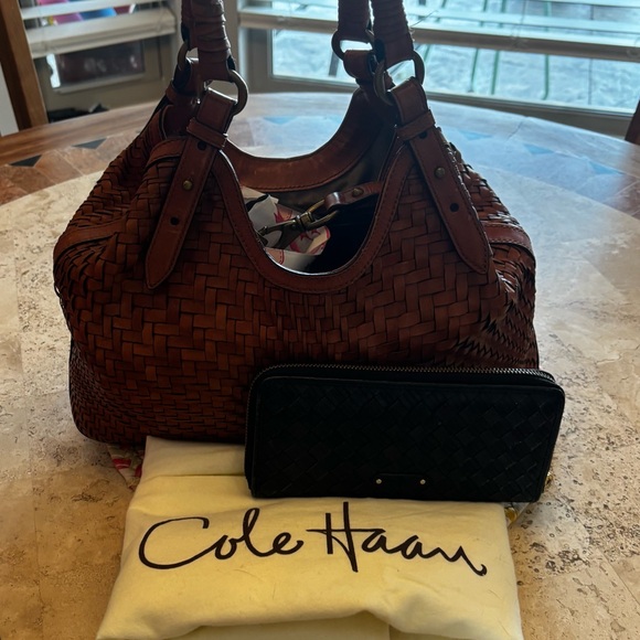 Cole Haan Handbags - Cole Haan Brown Woven Leather Tote Bag and wallet